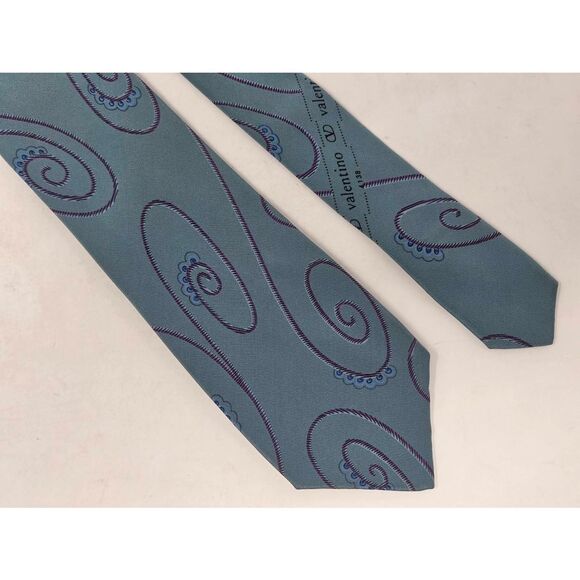 VALENTINO CRAVATTE ITALY SILK TIE GREEN BLUE PAISLEY SATIN 3" X 58" VINTAGE - Picture 1 of 4